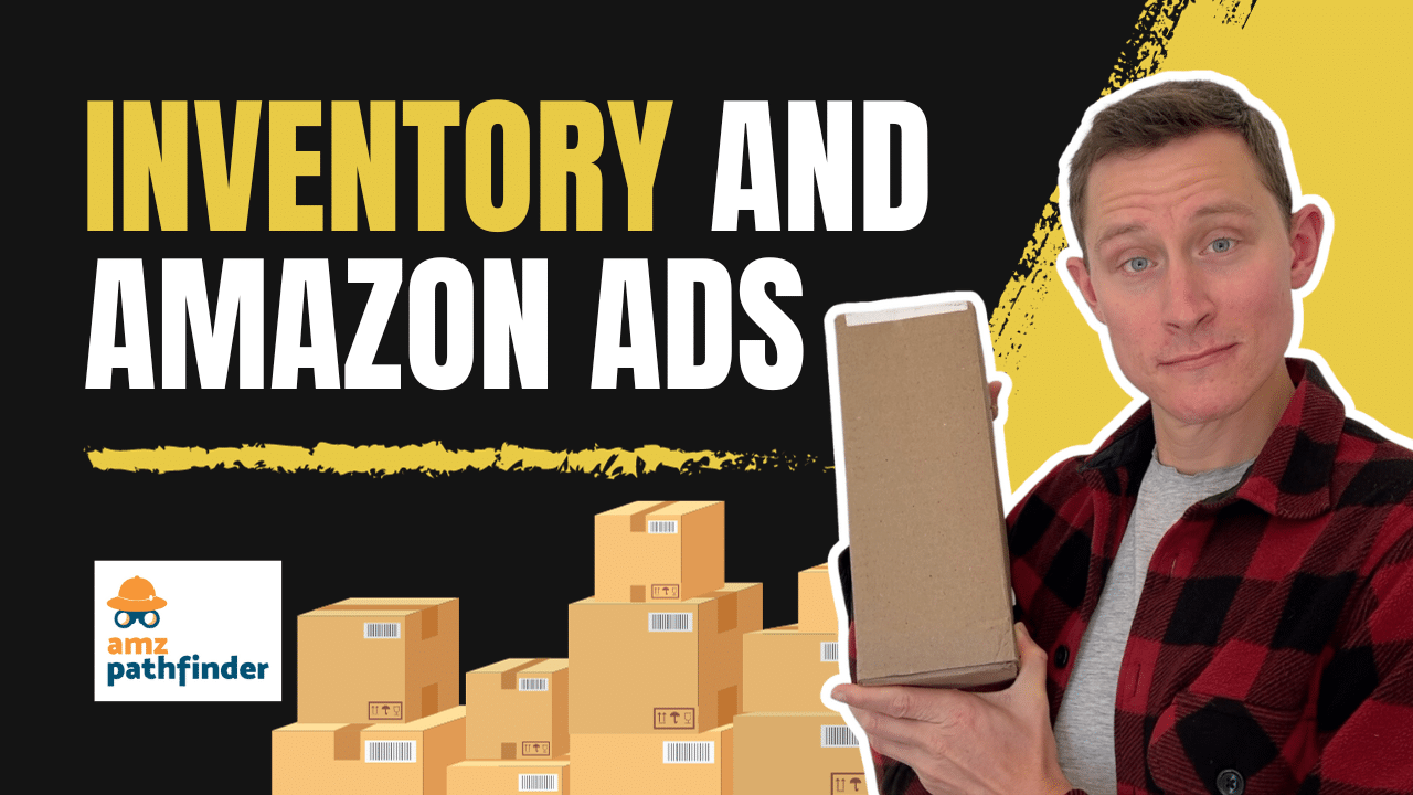 Person holding a parcel with inventory items and Amazon ads in the background